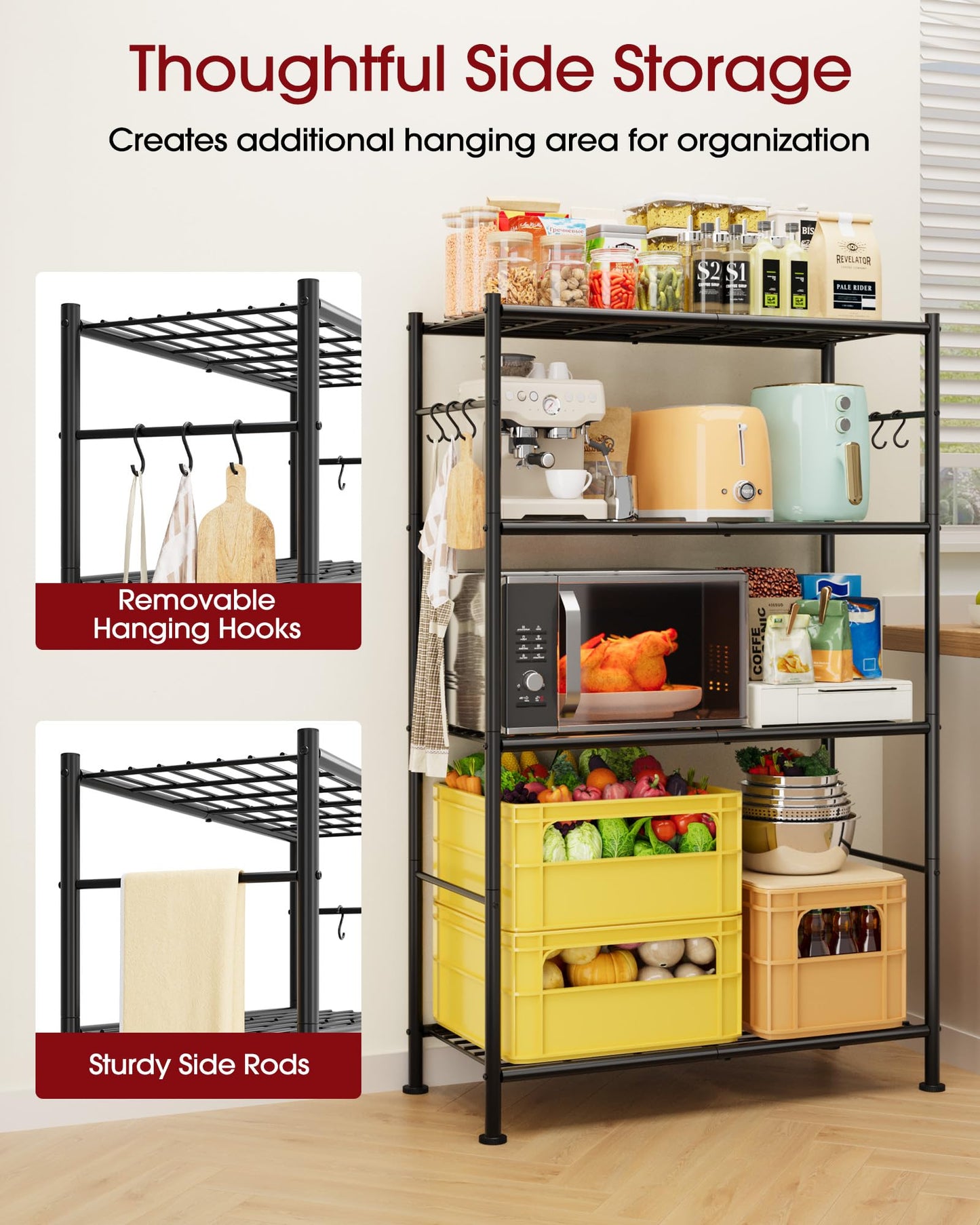 Storage Shelves - 4-Tier Spacious Shelf Organizer with Hooks & Leveling Feet, Easy to Assemble, Rust-Resistant Garage Shelving for Kitchen, Pantry, Bedroom, 33.2" x 12.7" x 57.3", Black