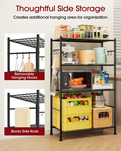Storage Shelves - 4-Tier Spacious Shelf Organizer with Hooks & Leveling Feet, Easy to Assemble, Rust-Resistant Garage Shelving for Kitchen, Pantry, Bedroom, 33.2" x 12.7" x 57.3", Black