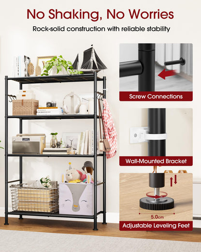Storage Shelves - 4-Tier Spacious Shelf Organizer with Hooks & Leveling Feet, Easy to Assemble, Rust-Resistant Garage Shelving for Kitchen, Pantry, Bedroom, 33.2" x 12.7" x 57.3", Black