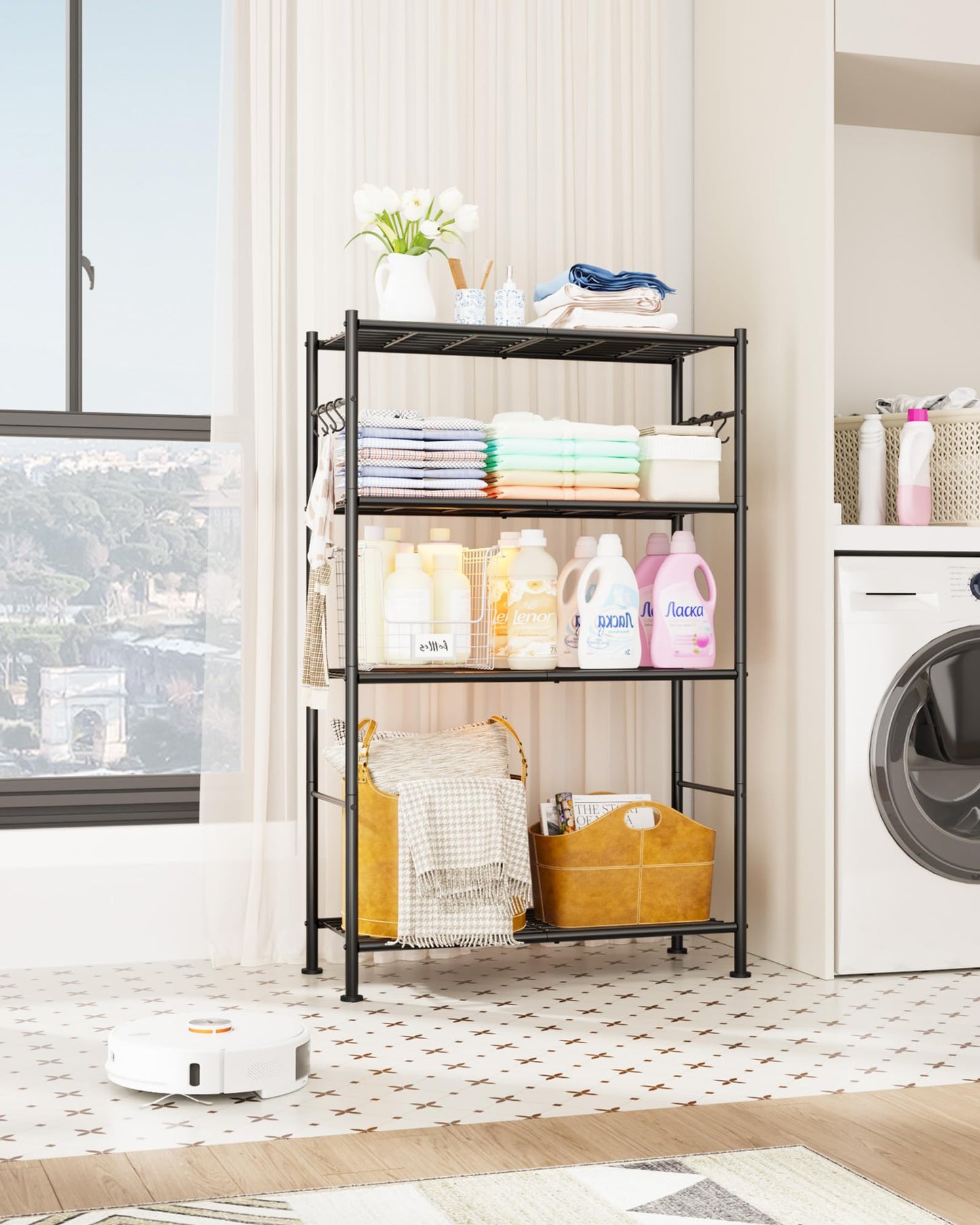 Storage Shelves - 4-Tier Spacious Shelf Organizer with Hooks & Leveling Feet, Easy to Assemble, Rust-Resistant Garage Shelving for Kitchen, Pantry, Bedroom, 33.2" x 12.7" x 57.3", Black