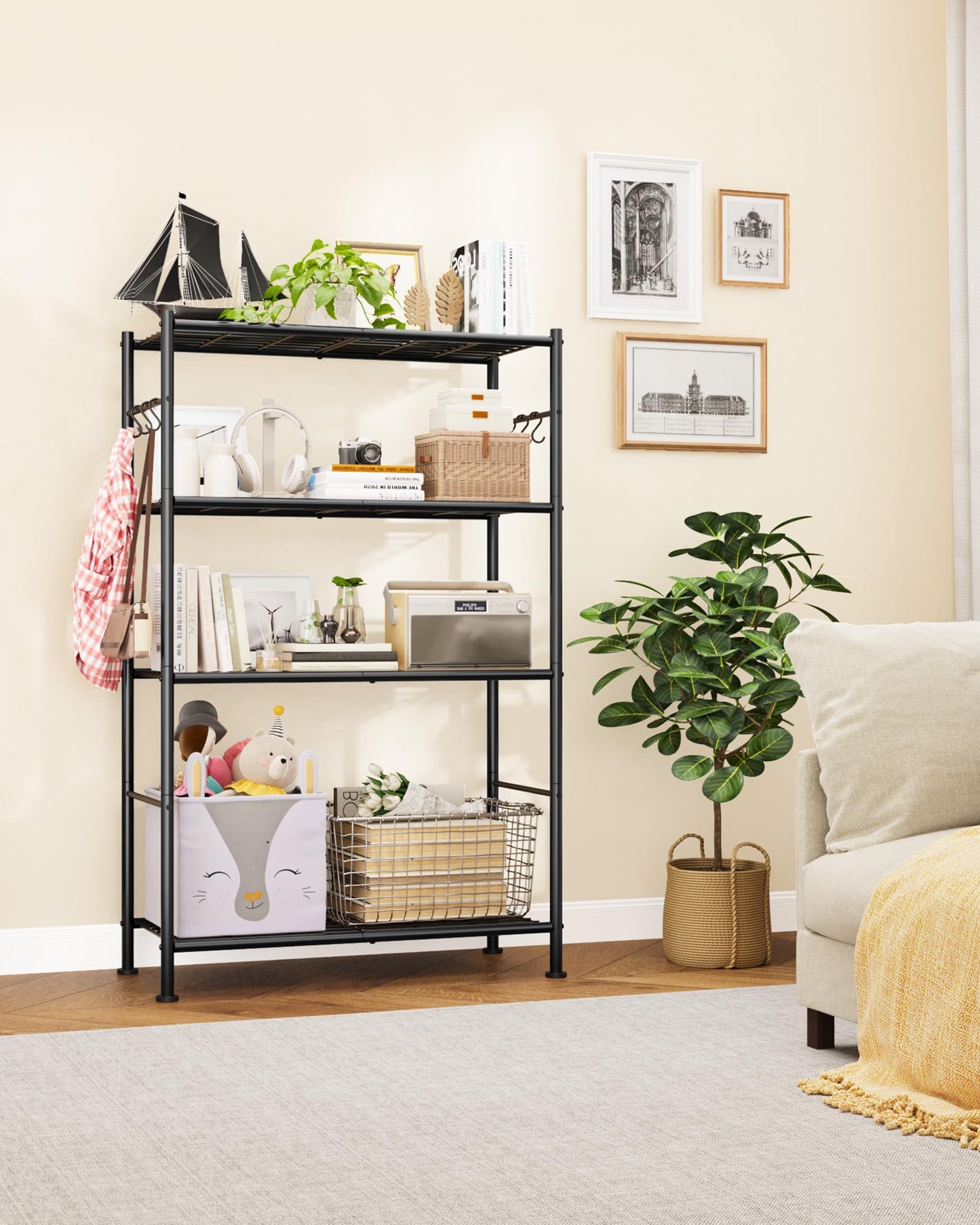 Storage Shelves - 4-Tier Spacious Shelf Organizer with Hooks & Leveling Feet, Easy to Assemble, Rust-Resistant Garage Shelving for Kitchen, Pantry, Bedroom, 33.2" x 12.7" x 57.3", Black