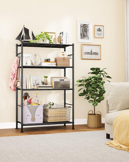 Storage Shelves - 4-Tier Spacious Shelf Organizer with Hooks & Leveling Feet, Easy to Assemble, Rust-Resistant Garage Shelving for Kitchen, Pantry, Bedroom, 33.2" x 12.7" x 57.3", Black