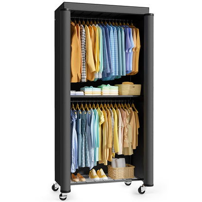 Sakugi Clothes Rack with Cover - Spacious Wardrobe Closet with Lockable Wheels, Rust-Proof Clothing Racks for Hanging Clothes, Accessories in Bedroom, Living Room, Doorway, 33"×12.6"×79.5", Black