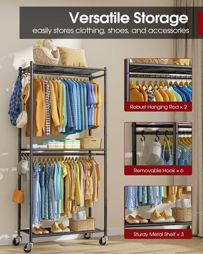 Sakugi Clothes Rack with Cover - Spacious Wardrobe Closet with Lockable Wheels, Rust-Proof Clothing Racks for Hanging Clothes, Accessories in Bedroom, Living Room, Doorway, 33"×12.6"×79.5", Black