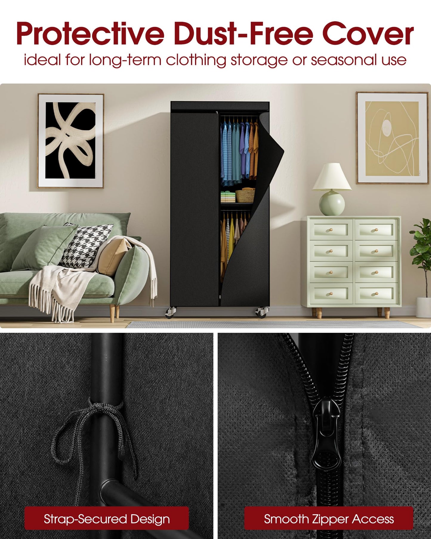 Sakugi Clothes Rack with Cover - Spacious Wardrobe Closet with Lockable Wheels, Rust-Proof Clothing Racks for Hanging Clothes, Accessories in Bedroom, Living Room, Doorway, 33"×12.6"×79.5", Black