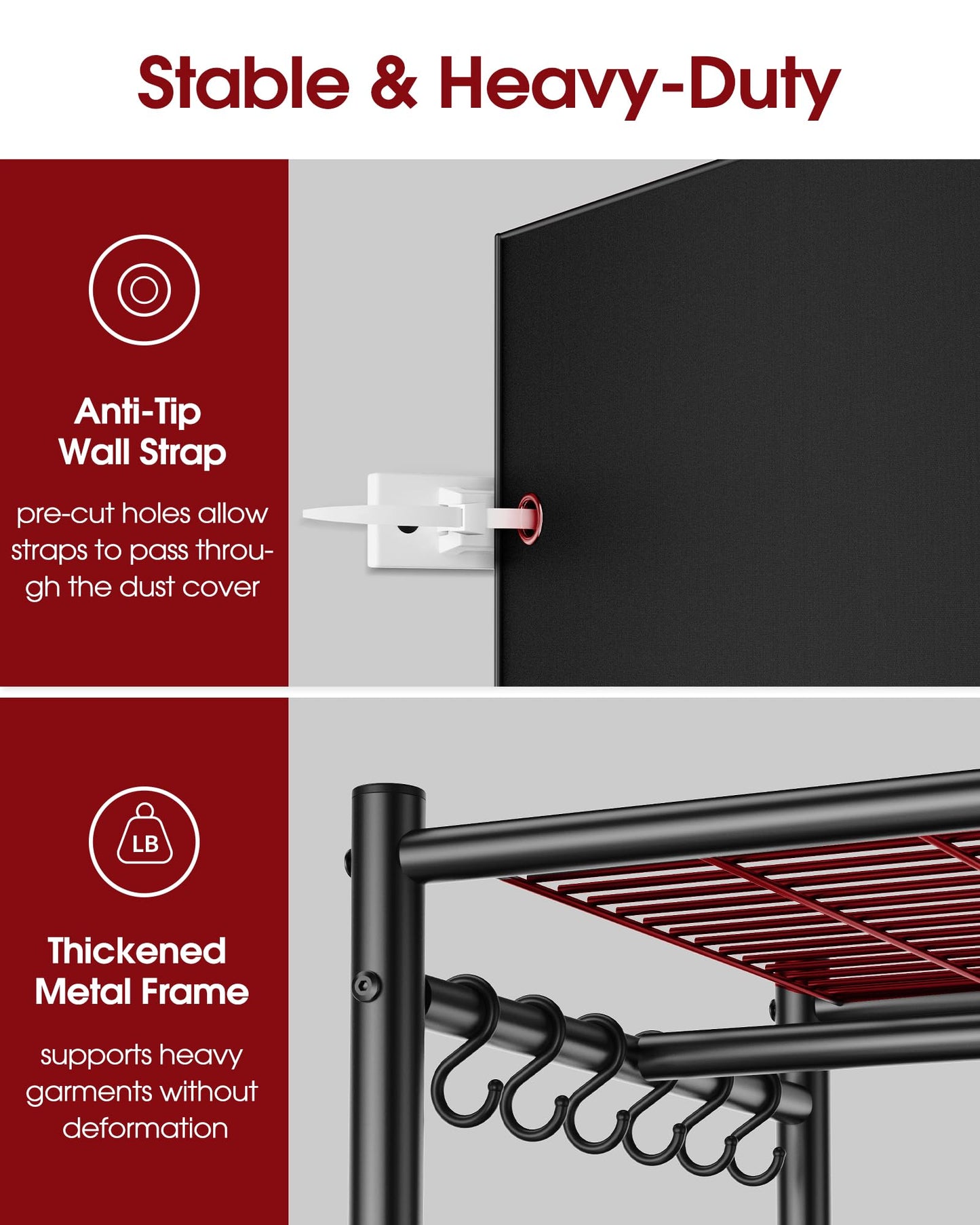 Sakugi Clothes Rack with Cover - Spacious Wardrobe Closet with Lockable Wheels, Rust-Proof Clothing Racks for Hanging Clothes, Accessories in Bedroom, Living Room, Doorway, 33"×12.6"×79.5", Black