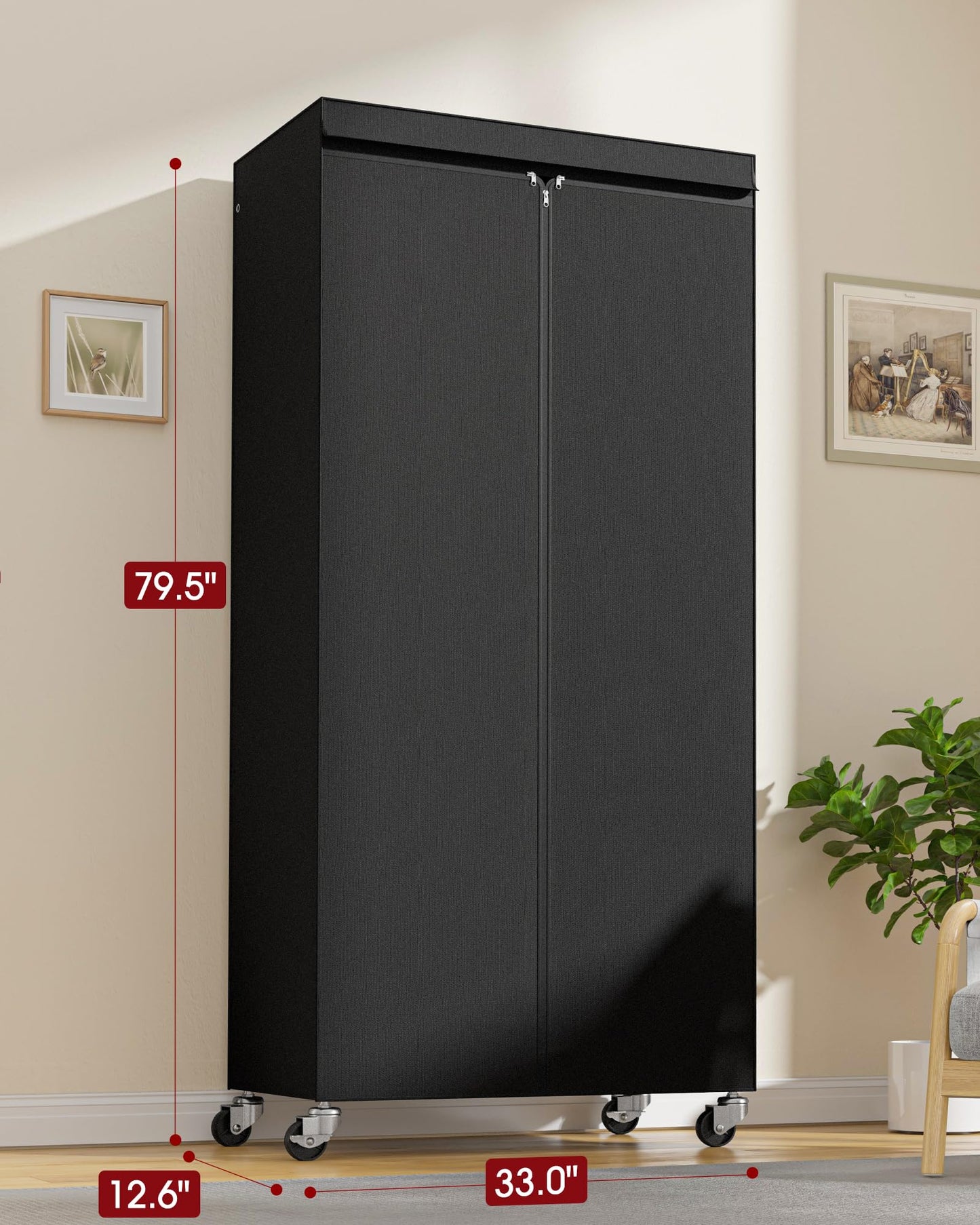 Sakugi Clothes Rack with Cover - Spacious Wardrobe Closet with Lockable Wheels, Rust-Proof Clothing Racks for Hanging Clothes, Accessories in Bedroom, Living Room, Doorway, 33"×12.6"×79.5", Black