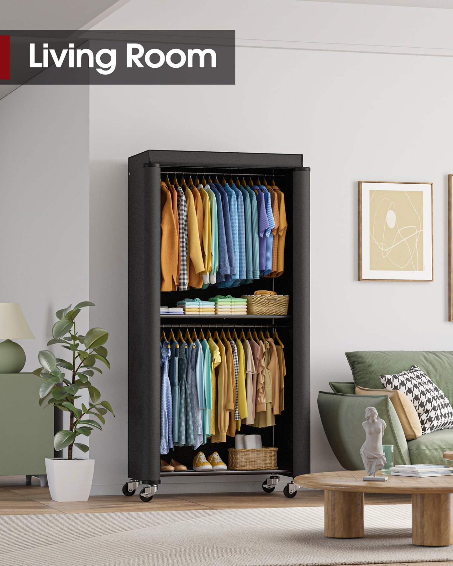 Sakugi Clothes Rack with Cover - Spacious Wardrobe Closet with Lockable Wheels, Rust-Proof Clothing Racks for Hanging Clothes, Accessories in Bedroom, Living Room, Doorway, 33"×12.6"×79.5", Black