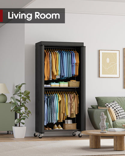 Sakugi Clothes Rack with Cover - Spacious Wardrobe Closet with Lockable Wheels, Rust-Proof Clothing Racks for Hanging Clothes, Accessories in Bedroom, Living Room, Doorway, 33"×12.6"×79.5", Black