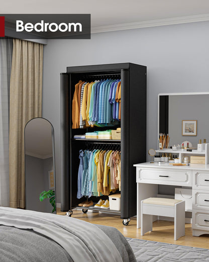 Sakugi Clothes Rack with Cover - Spacious Wardrobe Closet with Lockable Wheels, Rust-Proof Clothing Racks for Hanging Clothes, Accessories in Bedroom, Living Room, Doorway, 33"×12.6"×79.5", Black