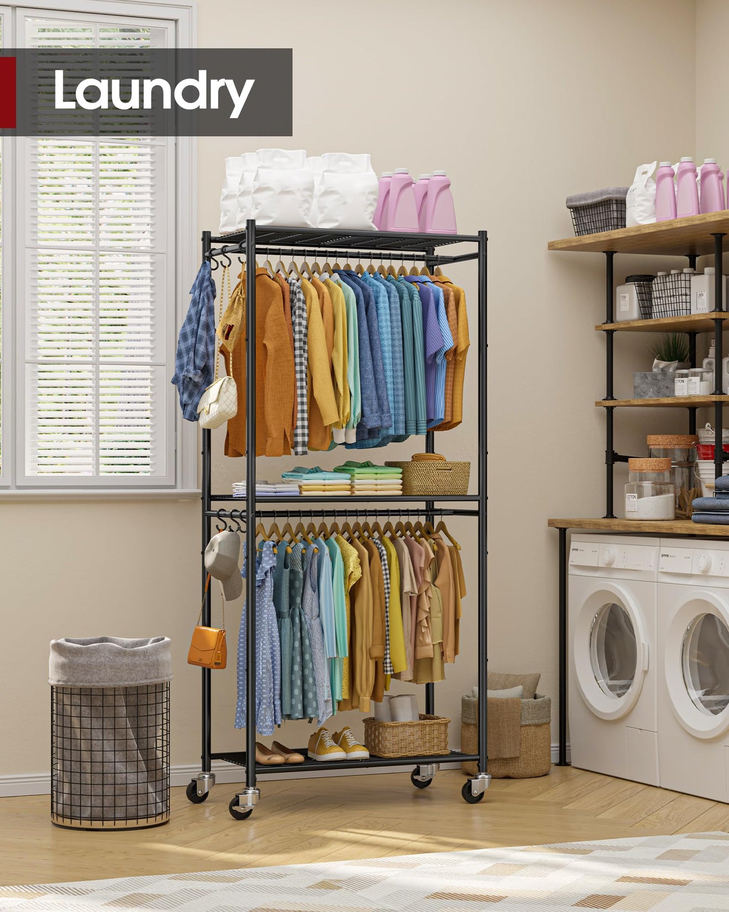 Sakugi Clothes Rack with Cover - Spacious Wardrobe Closet with Lockable Wheels, Rust-Proof Clothing Racks for Hanging Clothes, Accessories in Bedroom, Living Room, Doorway, 33"×12.6"×79.5", Black