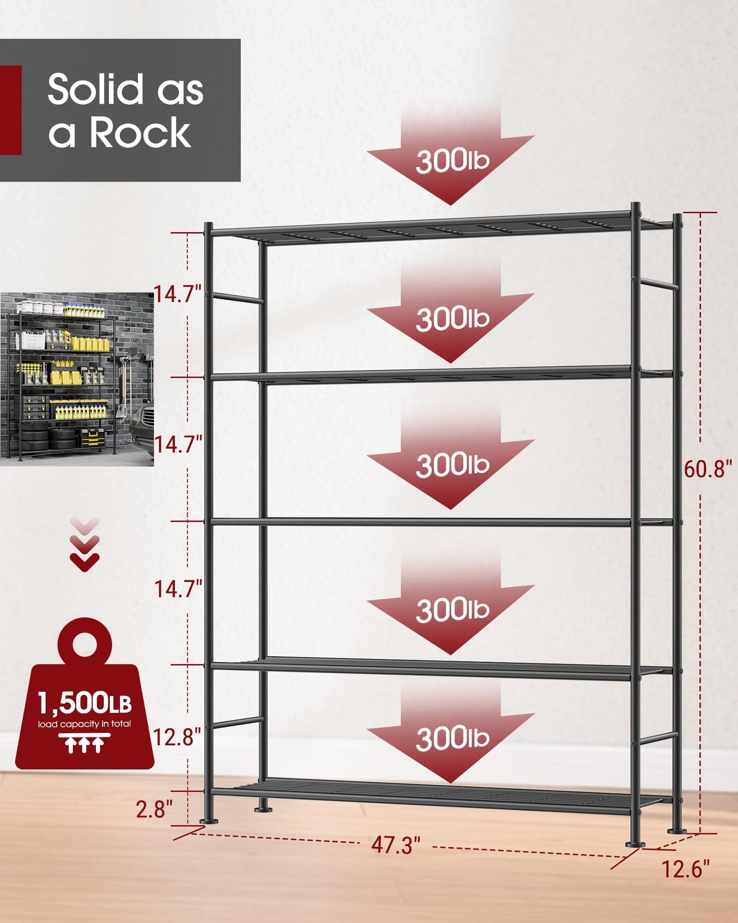 Sakugi Storage Shelves - 5 Tier Shelf Organizer, Heavy Duty Garage Shelving Unit with Leveling Feet, Stable Metal Shelves Organizer for Pantry, Kitchen and Closet, 47.3" W x 12.6" D x 60.8" H, Black