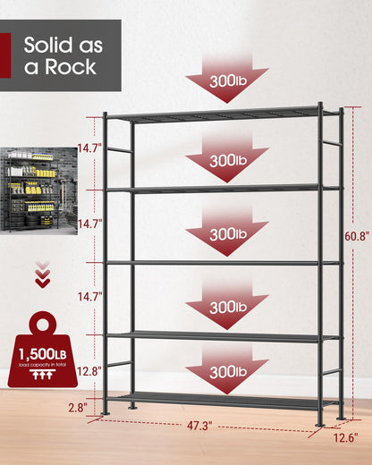 Sakugi Storage Shelves - 5 Tier Shelf Organizer, Heavy Duty Garage Shelving Unit with Leveling Feet, Stable Metal Shelves Organizer for Pantry, Kitchen and Closet, 47.3" W x 12.6" D x 60.8" H, Black