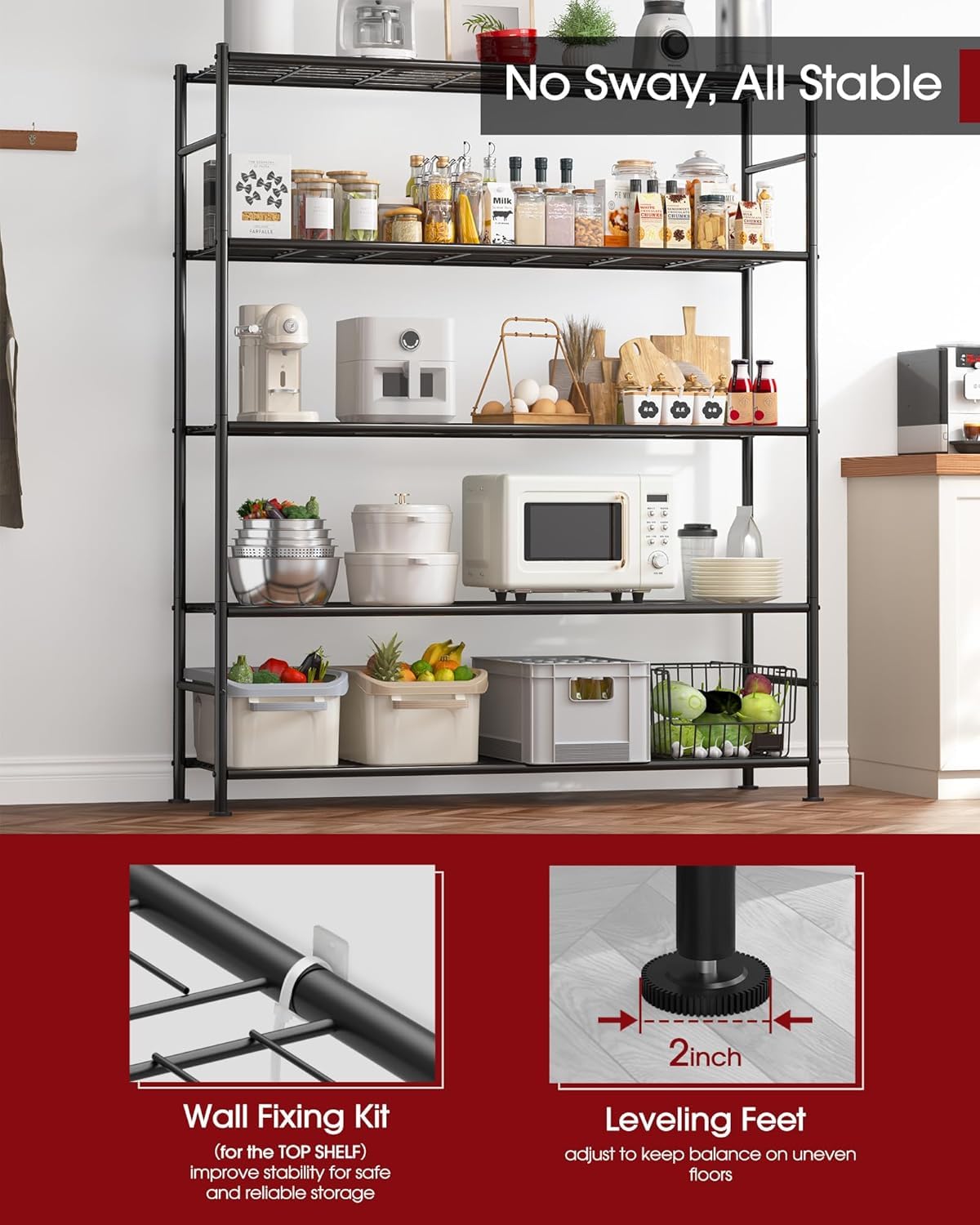 Sakugi Storage Shelves - 5 Tier Shelf Organizer, Heavy Duty Garage Shelving Unit with Leveling Feet, Stable Metal Shelves Organizer for Pantry, Kitchen and Closet, 47.3" W x 12.6" D x 60.8" H, Black