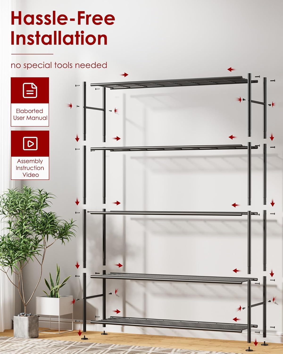 Sakugi Storage Shelves - 5 Tier Shelf Organizer, Heavy Duty Garage Shelving Unit with Leveling Feet, Stable Metal Shelves Organizer for Pantry, Kitchen and Closet, 47.3" W x 12.6" D x 60.8" H, Black