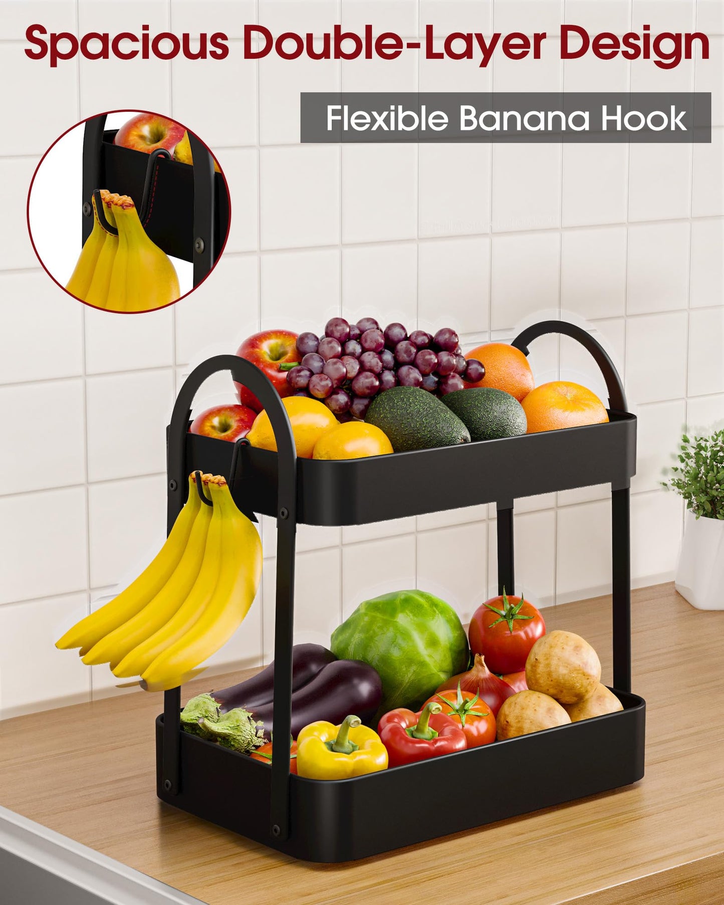 Sakugi Fruit Basket for Kitchen Counter - 2-Tier Metal Fruit Bowl with Movable Banana Hanger, Multi-Purpose Fruit Holder for Kitchen, Bathroom & Living Room, 8.9" D x 13.4" W x 14.0" H, Black