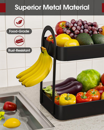 Sakugi Fruit Basket for Kitchen Counter - 2-Tier Metal Fruit Bowl with Movable Banana Hanger, Multi-Purpose Fruit Holder for Kitchen, Bathroom & Living Room, 8.9" D x 13.4" W x 14.0" H, Black