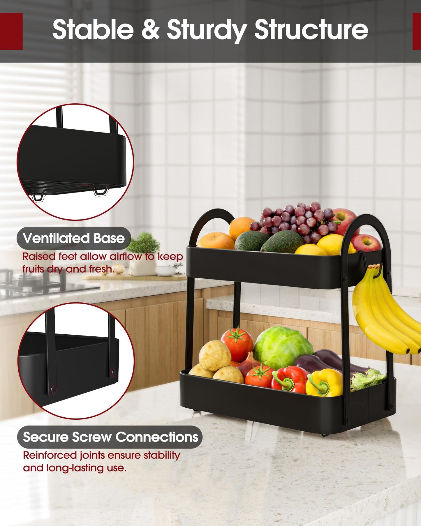 Sakugi Fruit Basket for Kitchen Counter - 2-Tier Metal Fruit Bowl with Movable Banana Hanger, Multi-Purpose Fruit Holder for Kitchen, Bathroom & Living Room, 8.9" D x 13.4" W x 14.0" H, Black
