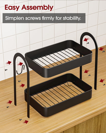 Sakugi Fruit Basket for Kitchen Counter - 2-Tier Metal Fruit Bowl with Movable Banana Hanger, Multi-Purpose Fruit Holder for Kitchen, Bathroom & Living Room, 8.9" D x 13.4" W x 14.0" H, Black