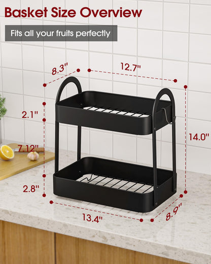 Sakugi Fruit Basket for Kitchen Counter - 2-Tier Metal Fruit Bowl with Movable Banana Hanger, Multi-Purpose Fruit Holder for Kitchen, Bathroom & Living Room, 8.9" D x 13.4" W x 14.0" H, Black