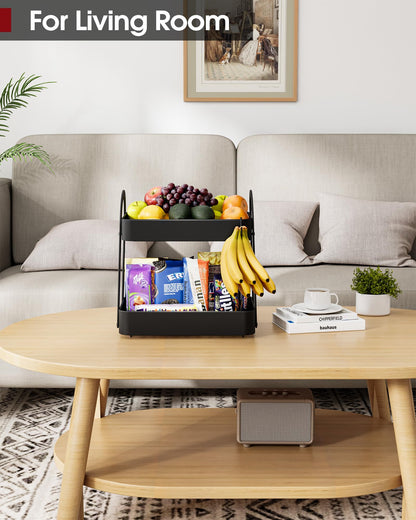 Sakugi Fruit Basket for Kitchen Counter - 2-Tier Metal Fruit Bowl with Movable Banana Hanger, Multi-Purpose Fruit Holder for Kitchen, Bathroom & Living Room, 8.9" D x 13.4" W x 14.0" H, Black