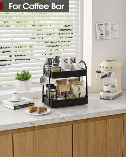 Sakugi Fruit Basket for Kitchen Counter - 2-Tier Metal Fruit Bowl with Movable Banana Hanger, Multi-Purpose Fruit Holder for Kitchen, Bathroom & Living Room, 8.9" D x 13.4" W x 14.0" H, Black