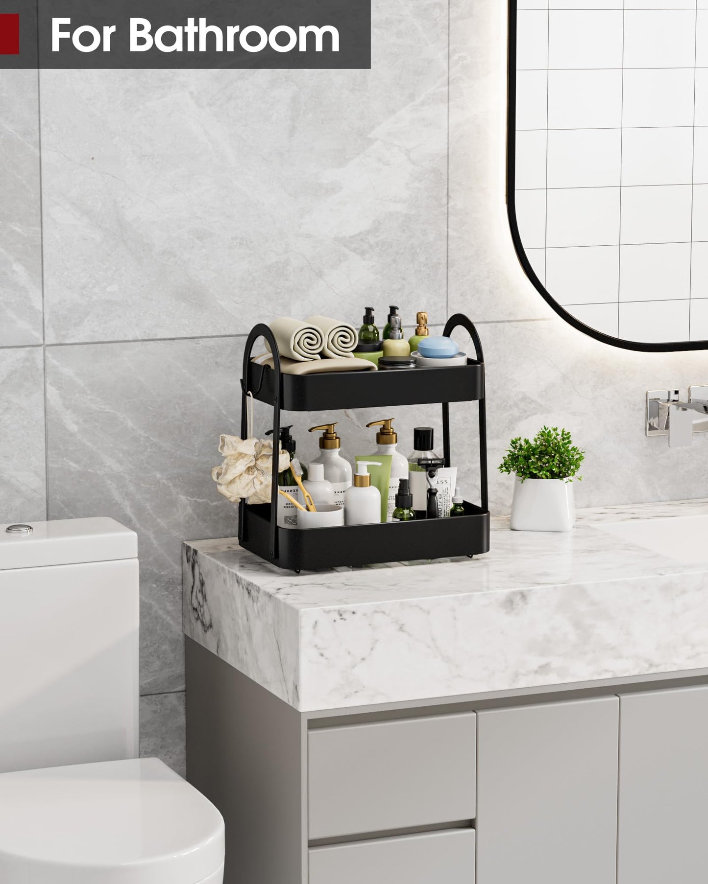 Sakugi Fruit Basket for Kitchen Counter - 2-Tier Metal Fruit Bowl with Movable Banana Hanger, Multi-Purpose Fruit Holder for Kitchen, Bathroom & Living Room, 8.9" D x 13.4" W x 14.0" H, Black