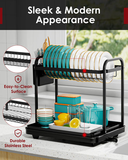 Sakugi Dish Drying Rack - Stainless Steel Dish Rack for Kitchen Counter, 2-Tier Kitchen Organizers and Storage Rack with Drainboard and Cutlery Holder, Large, Black