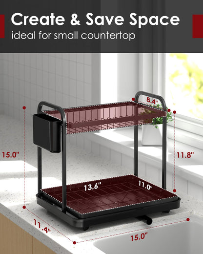 Sakugi Dish Drying Rack - Stainless Steel Dish Rack for Kitchen Counter, 2-Tier Kitchen Organizers and Storage Rack with Drainboard and Cutlery Holder, Large, Black