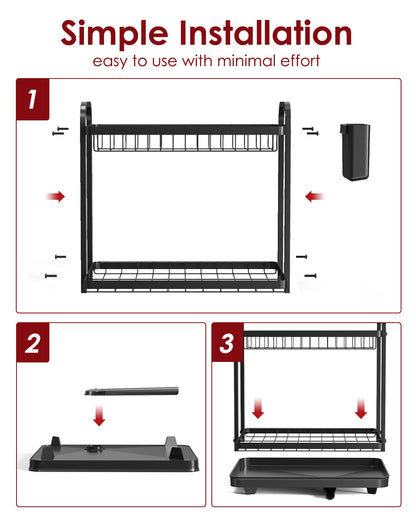 Sakugi Dish Drying Rack - Stainless Steel Dish Rack for Kitchen Counter, 2-Tier Kitchen Organizers and Storage Rack with Drainboard and Cutlery Holder, Large, Black