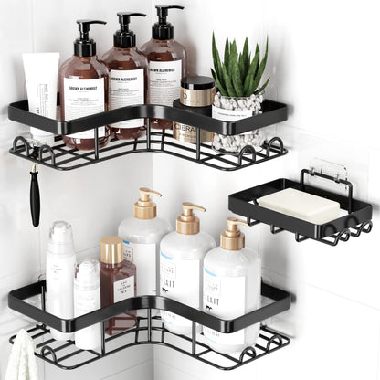 Sakugi Corner Shower Caddy - 3-Pack Shower Organizer with Soap Holder & Built-In Hooks, Rustproof Metal Shower Shelves, Laundry, Kitchen, Bathroom Organizers and Storage Solution, Large, Black