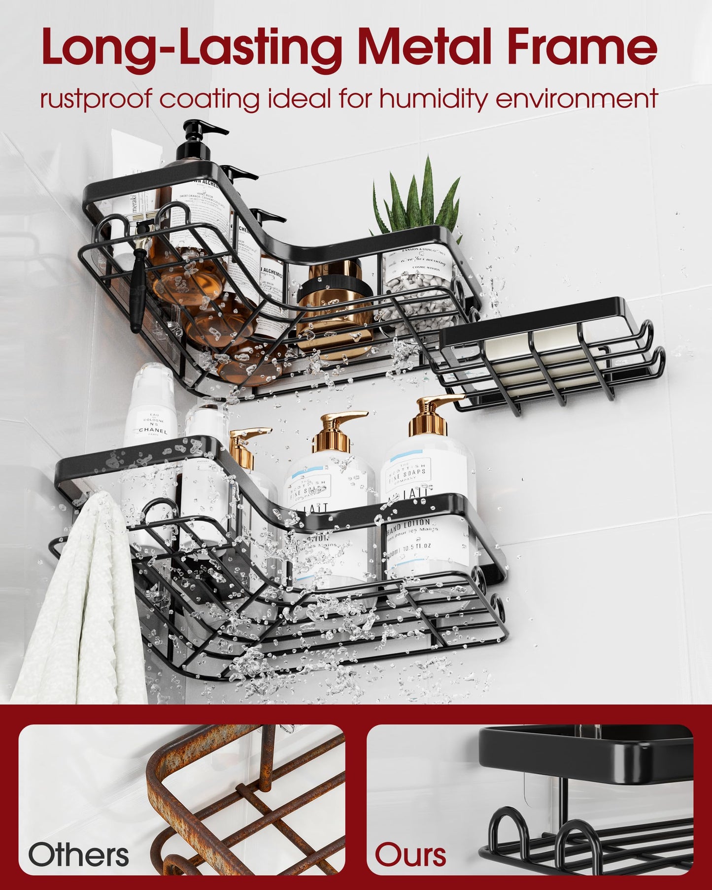 Sakugi Corner Shower Caddy - 3-Pack Shower Organizer with Soap Holder & Built-In Hooks, Rustproof Metal Shower Shelves, Laundry, Kitchen, Bathroom Organizers and Storage Solution, Large, Black