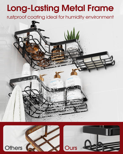 Sakugi Corner Shower Caddy - 3-Pack Shower Organizer with Soap Holder & Built-In Hooks, Rustproof Metal Shower Shelves, Laundry, Kitchen, Bathroom Organizers and Storage Solution, Large, Black