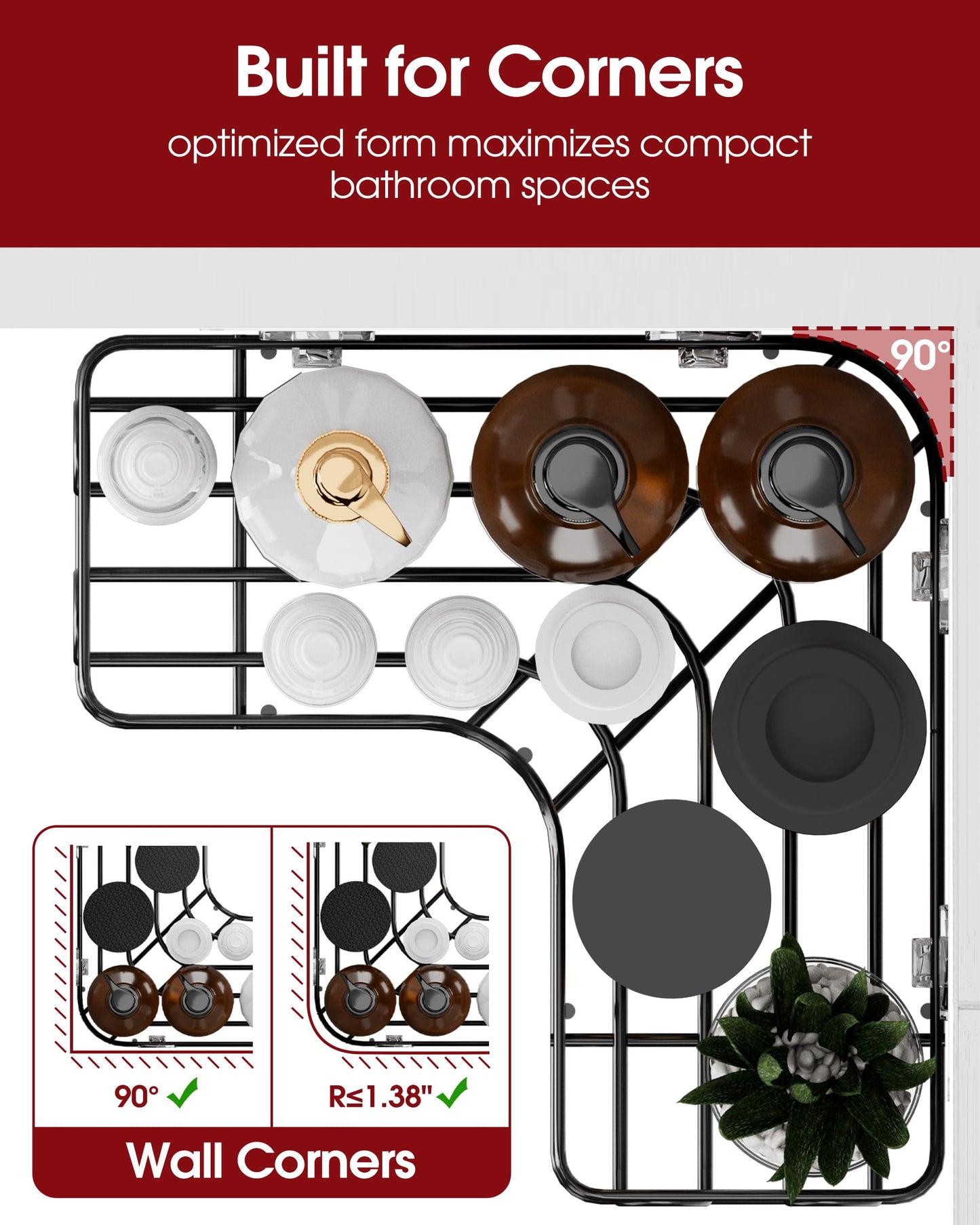 Sakugi Corner Shower Caddy - 3-Pack Shower Organizer with Soap Holder & Built-In Hooks, Rustproof Metal Shower Shelves, Laundry, Kitchen, Bathroom Organizers and Storage Solution, Large, Black
