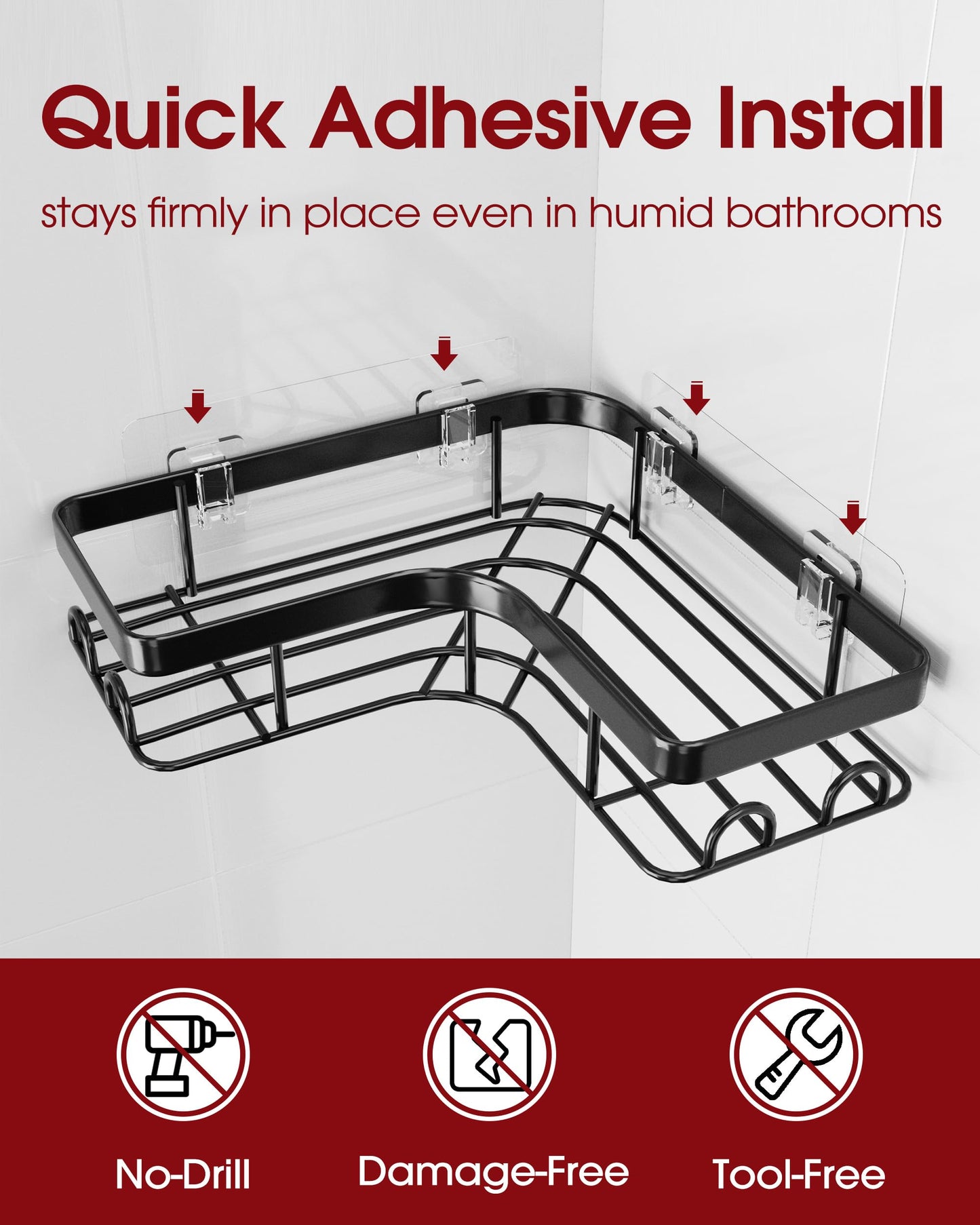 Sakugi Corner Shower Caddy - 3-Pack Shower Organizer with Soap Holder & Built-In Hooks, Rustproof Metal Shower Shelves, Laundry, Kitchen, Bathroom Organizers and Storage Solution, Large, Black