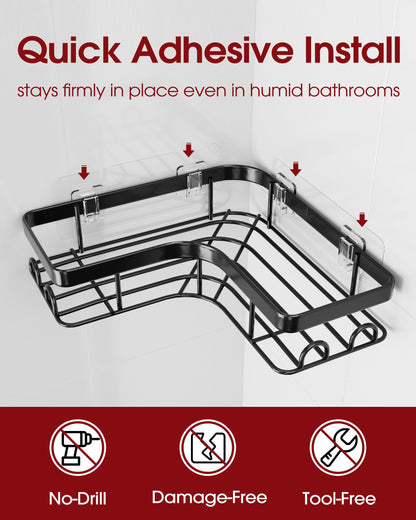 Sakugi Corner Shower Caddy - 3-Pack Shower Organizer with Soap Holder & Built-In Hooks, Rustproof Metal Shower Shelves, Laundry, Kitchen, Bathroom Organizers and Storage Solution, Large, Black