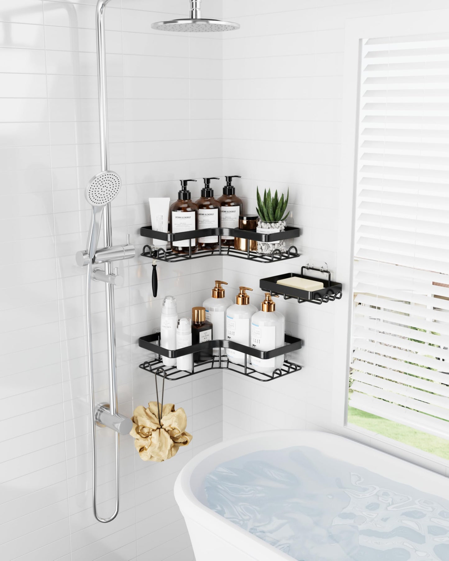 Sakugi Corner Shower Caddy - 3-Pack Shower Organizer with Soap Holder & Built-In Hooks, Rustproof Metal Shower Shelves, Laundry, Kitchen, Bathroom Organizers and Storage Solution, Large, Black