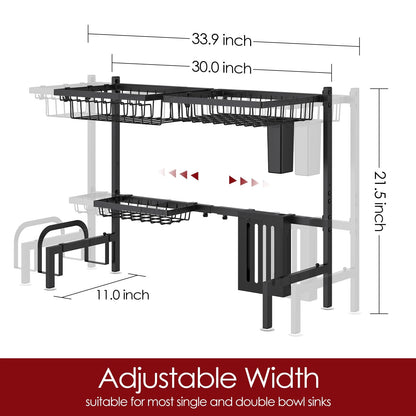 Sakugi Dish Drying Rack Over The Sink - Large Capacity Stainless Steel Dish Drainer, Multifunctional Kitchen Organizer, Black, 11" D x 30"~33.9''W x 21.5" H