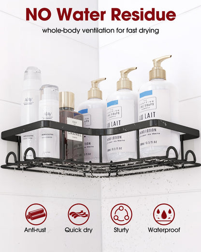 Sakugi Corner Shower Caddy - 2 Pack, Adhesive Shower Organizers, Rustproof Stainless Steel Shower Shelves with 8 Hooks, No Drilling Bathroom Organizers and Storage Racks, Space-Saving, Black,Medium