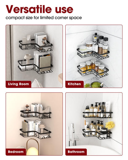 Sakugi Corner Shower Caddy - 2 Pack, Adhesive Shower Organizers, Rustproof Stainless Steel Shower Shelves with 8 Hooks, No Drilling Bathroom Organizers and Storage Racks, Space-Saving, Black,Medium