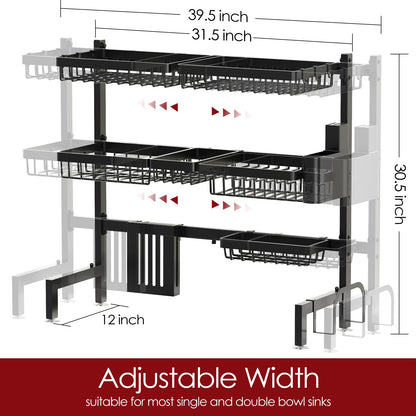 Sakugi Dish Drying Rack Over The Sink - Large Capacity Stainless Steel Dish Drainer, Multifunctional Kitchen Organizer, Black, 11" D x 30"~33.9''W x 21.5" H