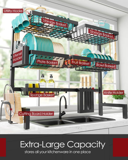 Sakugi Dish Drying Rack Over The Sink - Large Capacity Stainless Steel Dish Drainer, Multifunctional Kitchen Organizer, Black, 11" D x 30"~33.9''W x 21.5" H