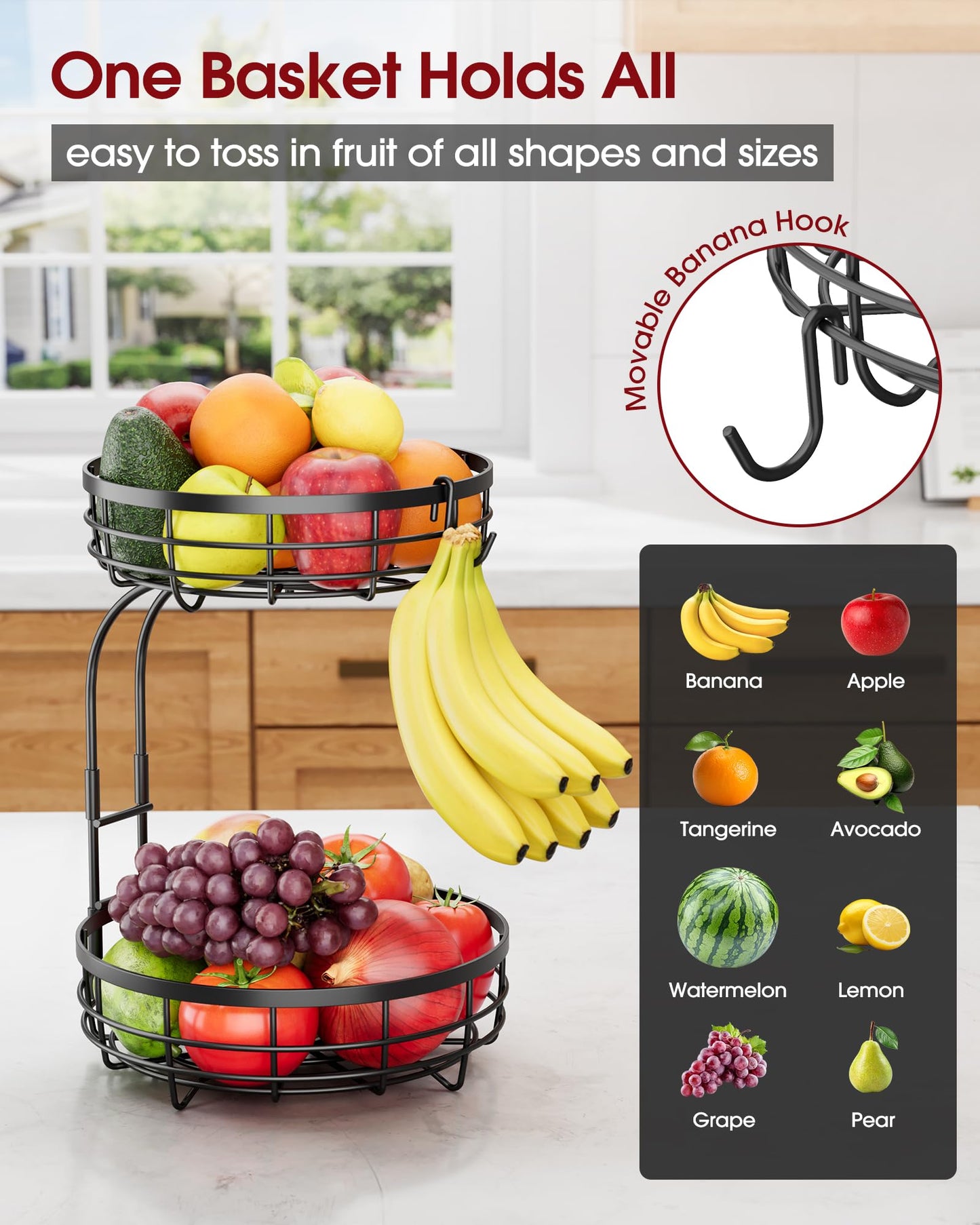 Sakugi Fruit Basket for Kitchen Counter - 2-Tier Large Capacity Fruit Bowl with Detachable Banana Hanger, Rust-Proof Metal Fruit Holder for Vegetables, Bread, Toiletry,10" D x 10" W x 14" H, Black