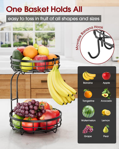 Sakugi Fruit Basket for Kitchen Counter - 2-Tier Large Capacity Fruit Bowl with Detachable Banana Hanger, Rust-Proof Metal Fruit Holder for Vegetables, Bread, Toiletry,10" D x 10" W x 14" H, Black