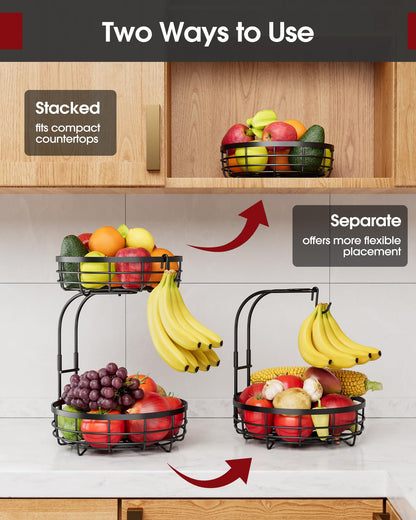 Sakugi Fruit Basket for Kitchen Counter - 2-Tier Large Capacity Fruit Bowl with Detachable Banana Hanger, Rust-Proof Metal Fruit Holder for Vegetables, Bread, Toiletry,10" D x 10" W x 14" H, Black