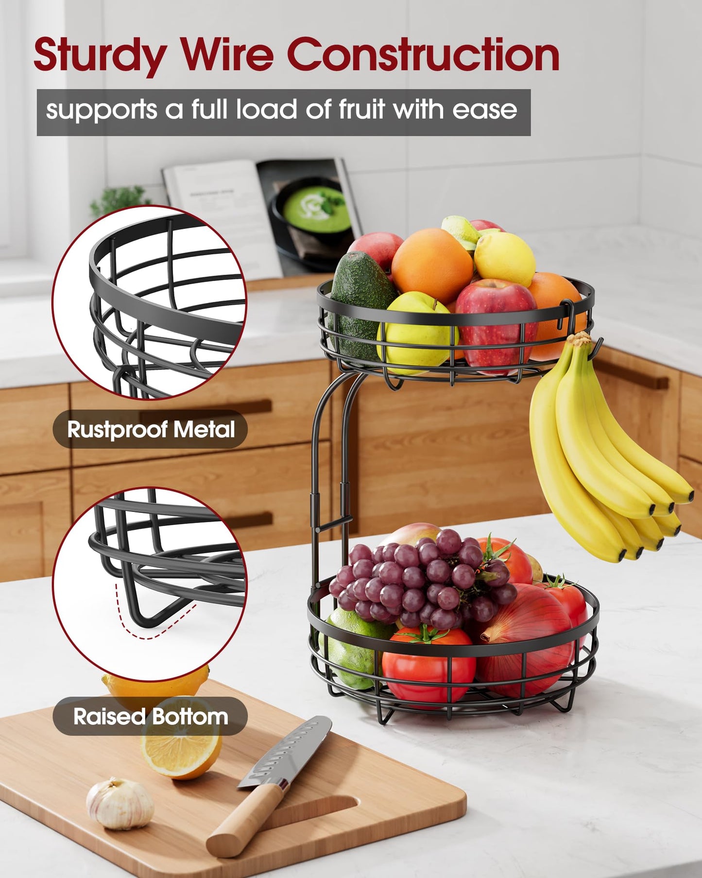 Sakugi Fruit Basket for Kitchen Counter - 2-Tier Large Capacity Fruit Bowl with Detachable Banana Hanger, Rust-Proof Metal Fruit Holder for Vegetables, Bread, Toiletry,10" D x 10" W x 14" H, Black