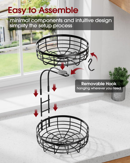 Sakugi Fruit Basket for Kitchen Counter - 2-Tier Large Capacity Fruit Bowl with Detachable Banana Hanger, Rust-Proof Metal Fruit Holder for Vegetables, Bread, Toiletry,10" D x 10" W x 14" H, Black