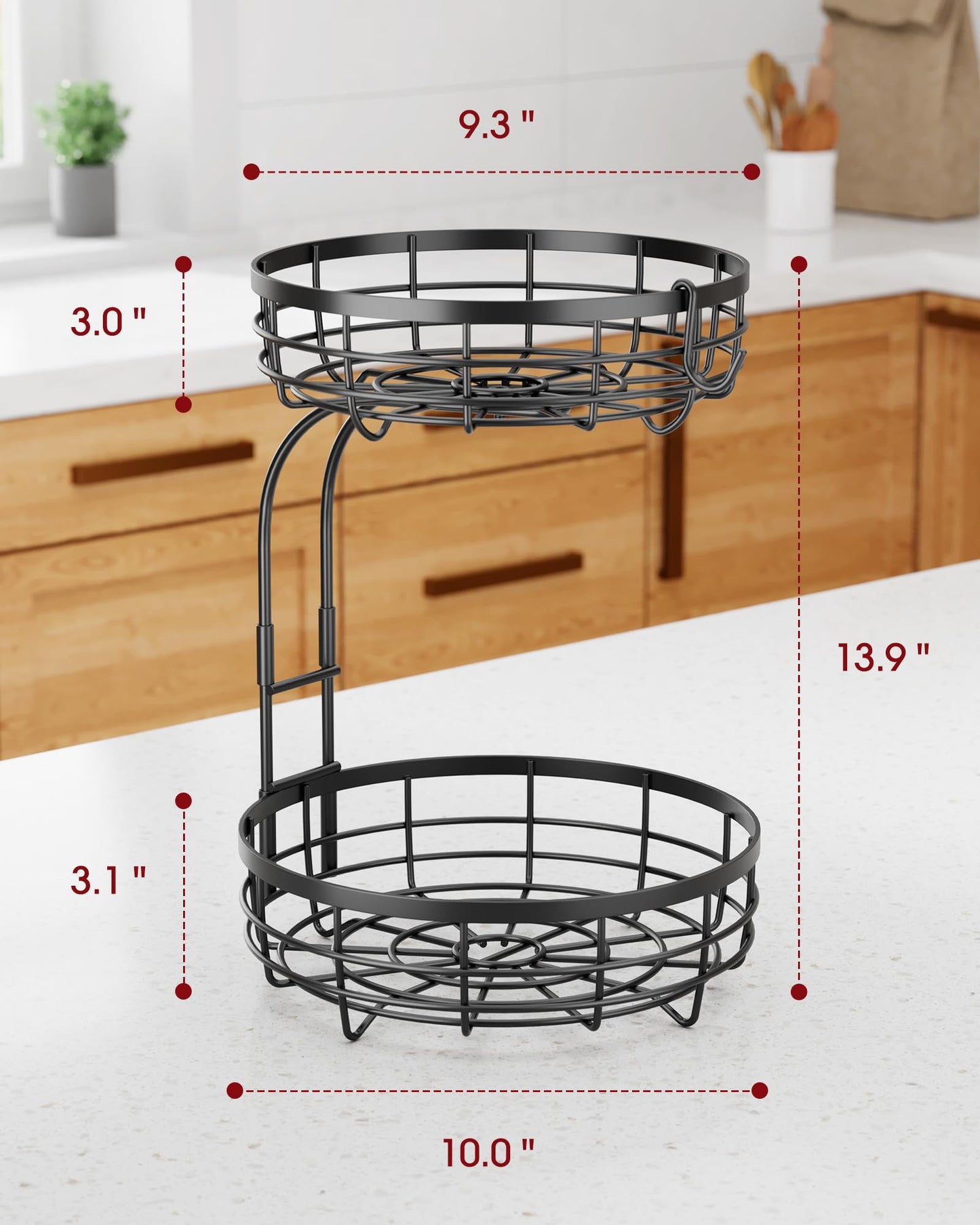 Sakugi Fruit Basket for Kitchen Counter - 2-Tier Large Capacity Fruit Bowl with Detachable Banana Hanger, Rust-Proof Metal Fruit Holder for Vegetables, Bread, Toiletry,10" D x 10" W x 14" H, Black