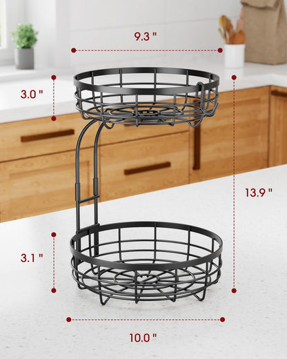 Sakugi Fruit Basket for Kitchen Counter - 2-Tier Large Capacity Fruit Bowl with Detachable Banana Hanger, Rust-Proof Metal Fruit Holder for Vegetables, Bread, Toiletry,10" D x 10" W x 14" H, Black
