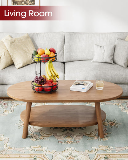 Sakugi Fruit Basket for Kitchen Counter - 2-Tier Large Capacity Fruit Bowl with Detachable Banana Hanger, Rust-Proof Metal Fruit Holder for Vegetables, Bread, Toiletry,10" D x 10" W x 14" H, Black